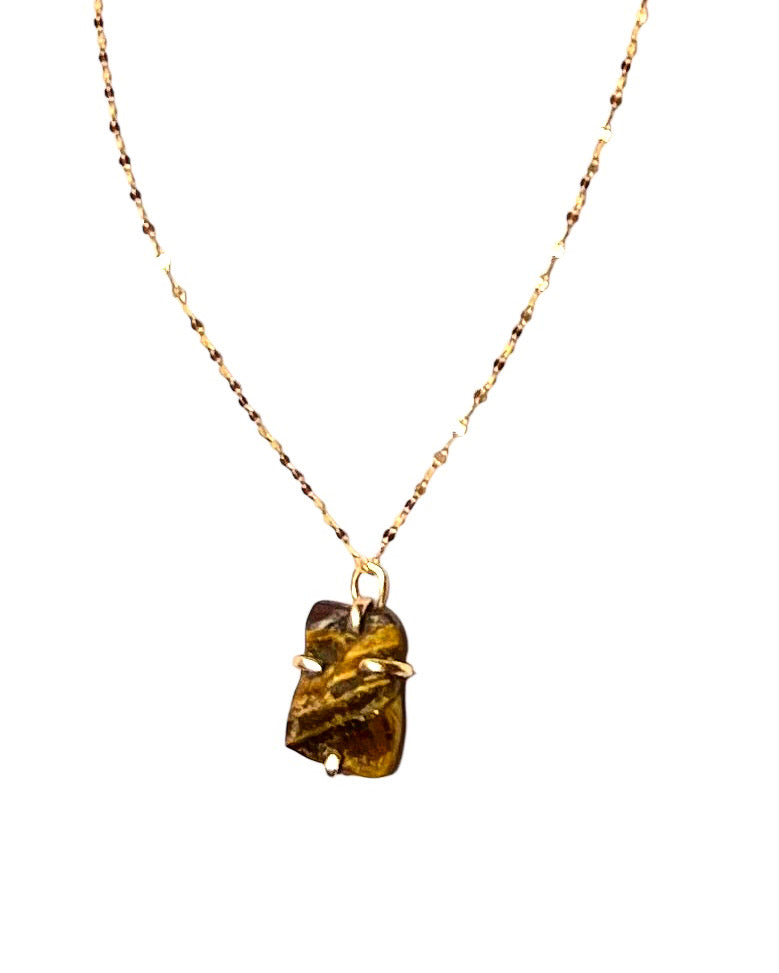 Raw Tiger Eye 14K Solid Gold Necklace